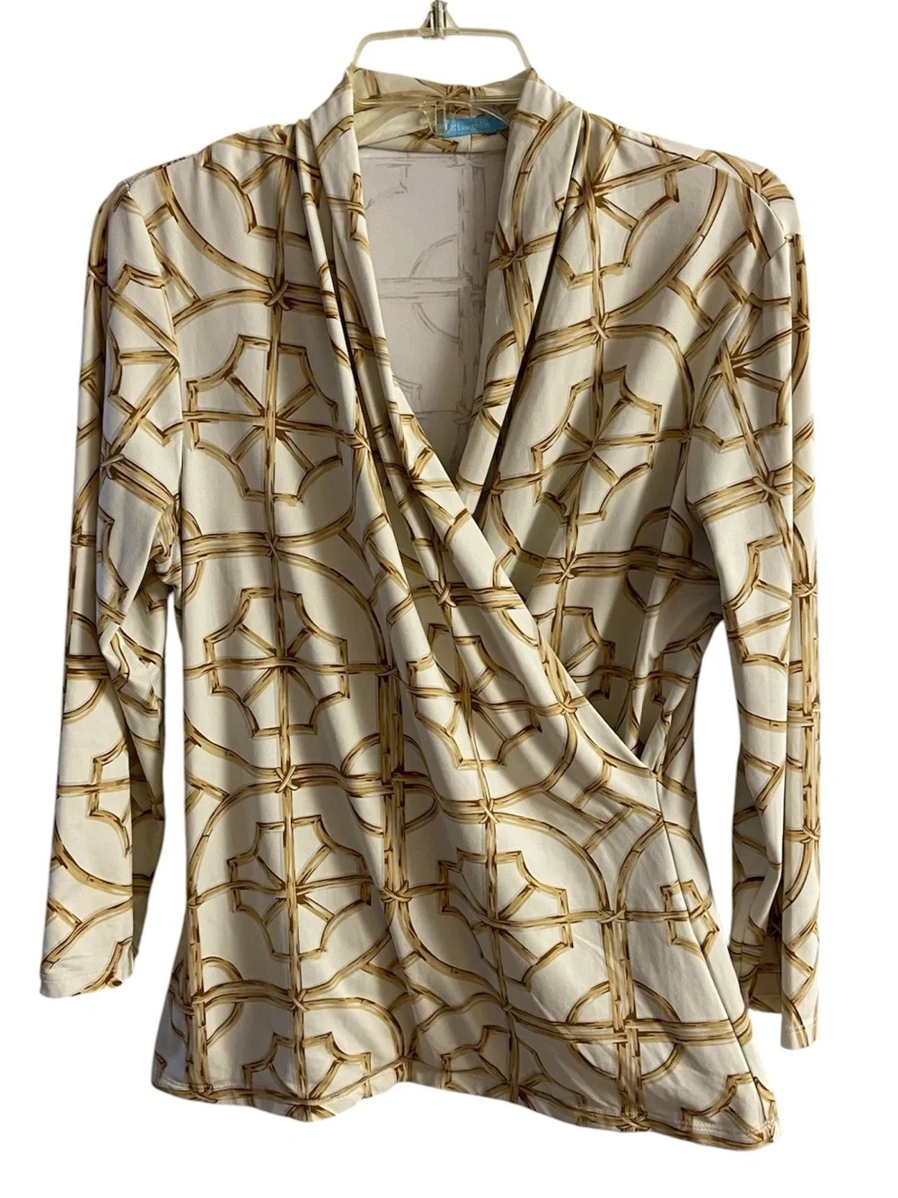 J. McLaughlin Cream and Gold Geometric faux Wrap Top Large - Picture 2 of 7